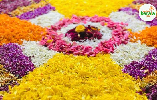 Onam celebration in Kerala featuring floral Pookalam, traditional attire, and festive decorations symbolizing the return of King Mahabali.