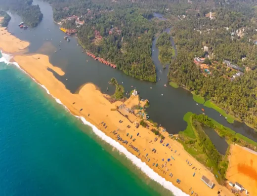 Aerial view of Poovar Beach where the river meets the Arabian Sea