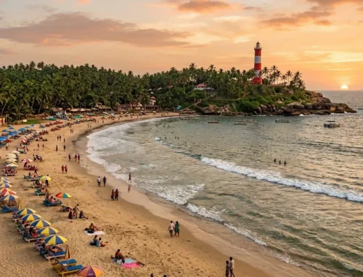 Tourists enjoying Lighthouse Beach in Kovalam