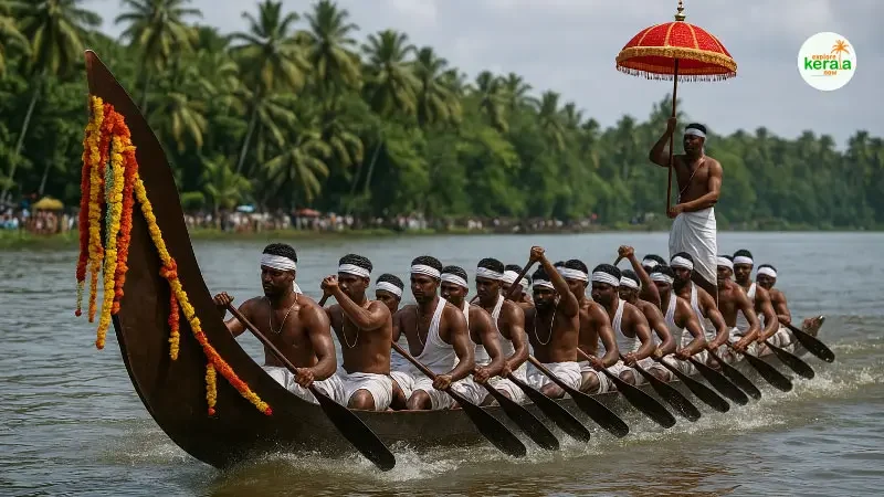 Rowers participating in a traditional Kerala snake boat race on the backwaters surrounded by lush greenery and cheering crowds.